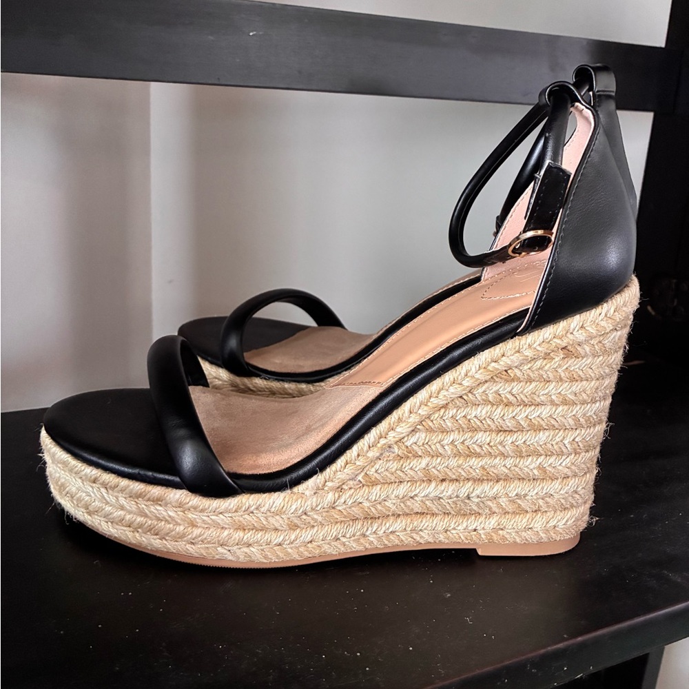 Buckle Black Leather Espadrille Wedge Sandals with Ankle Strap